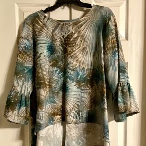 Bryn Walker Linen High Low Tropical Tunic Bluegreen & Taupe, 3/4 Length Sleeves
